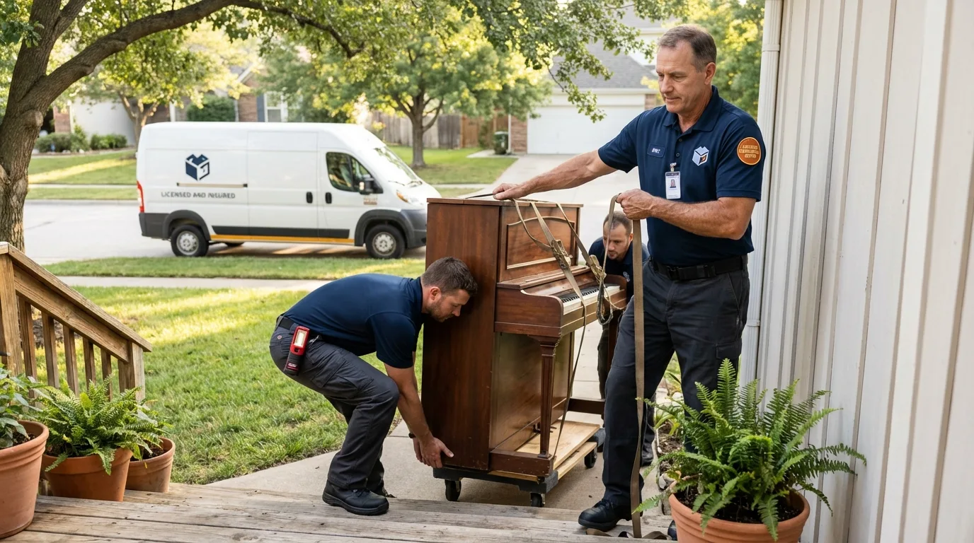 Licensed piano movers securing grand piano in Central Falls, RI