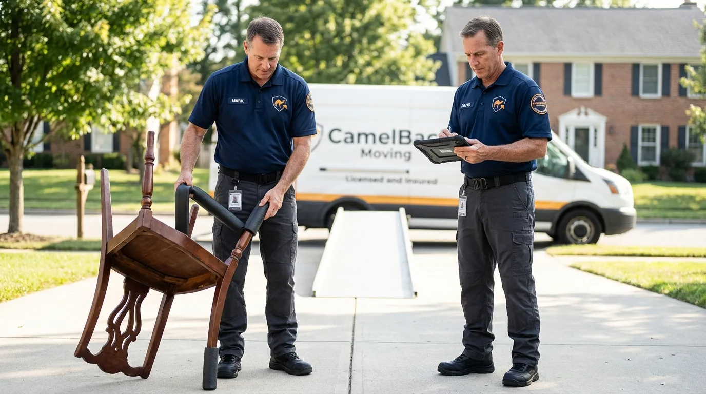 Movers inspecting furniture for damage prevention before loading in Central Falls, RI